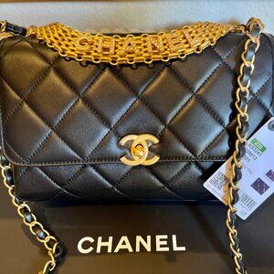 Authentic Black Chanel Flap bag with Crystal Chanel Letters